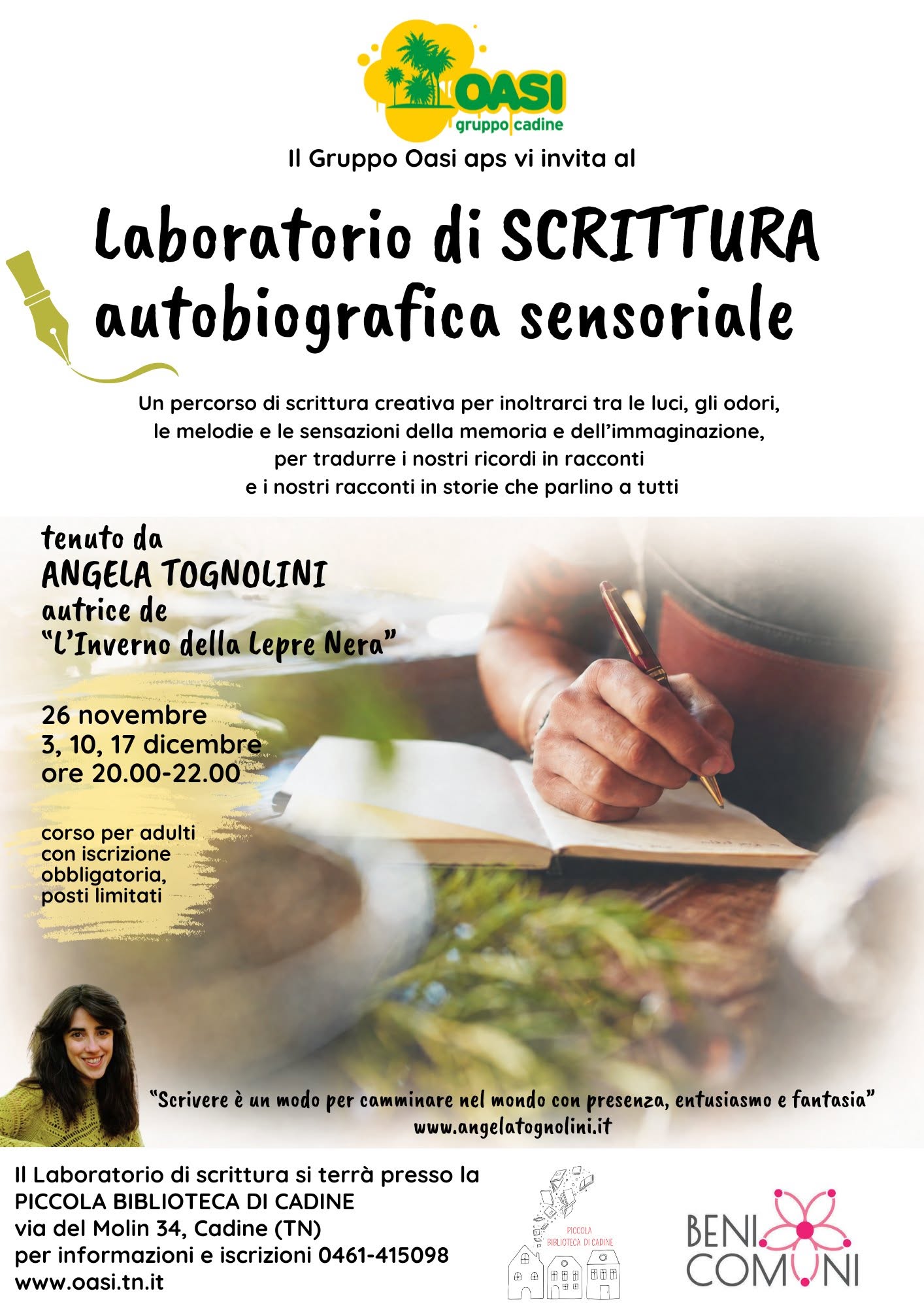Laboratorio di scrittura autobiografica sensoriale con Angela Tognolini, novembre e dicembre 2026